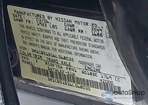 2006 Nissan Sentra 1.8S из США, поврежденный, VIN 3N1CB51D16L568035